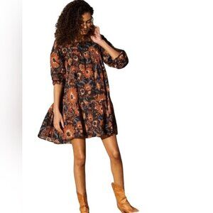 Happy Nature Women's Floral Printed Dress Size Small Orange Black Tiered Pockets